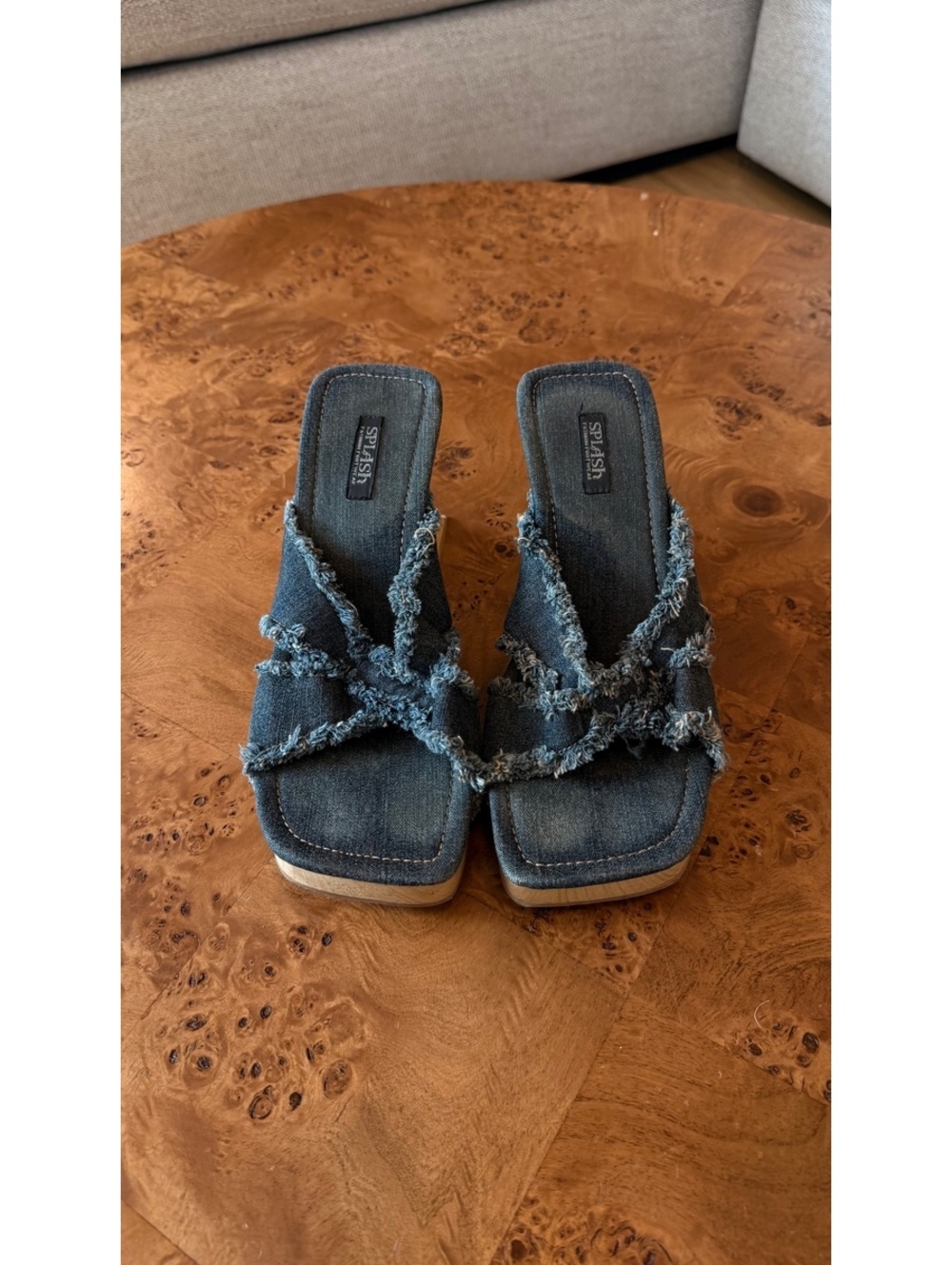 Splash Denim Open Toe Mules with Wooden Heels